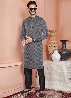 Black Jacquard Banarasi Silk Zari Work Kurta Pyjama For Men