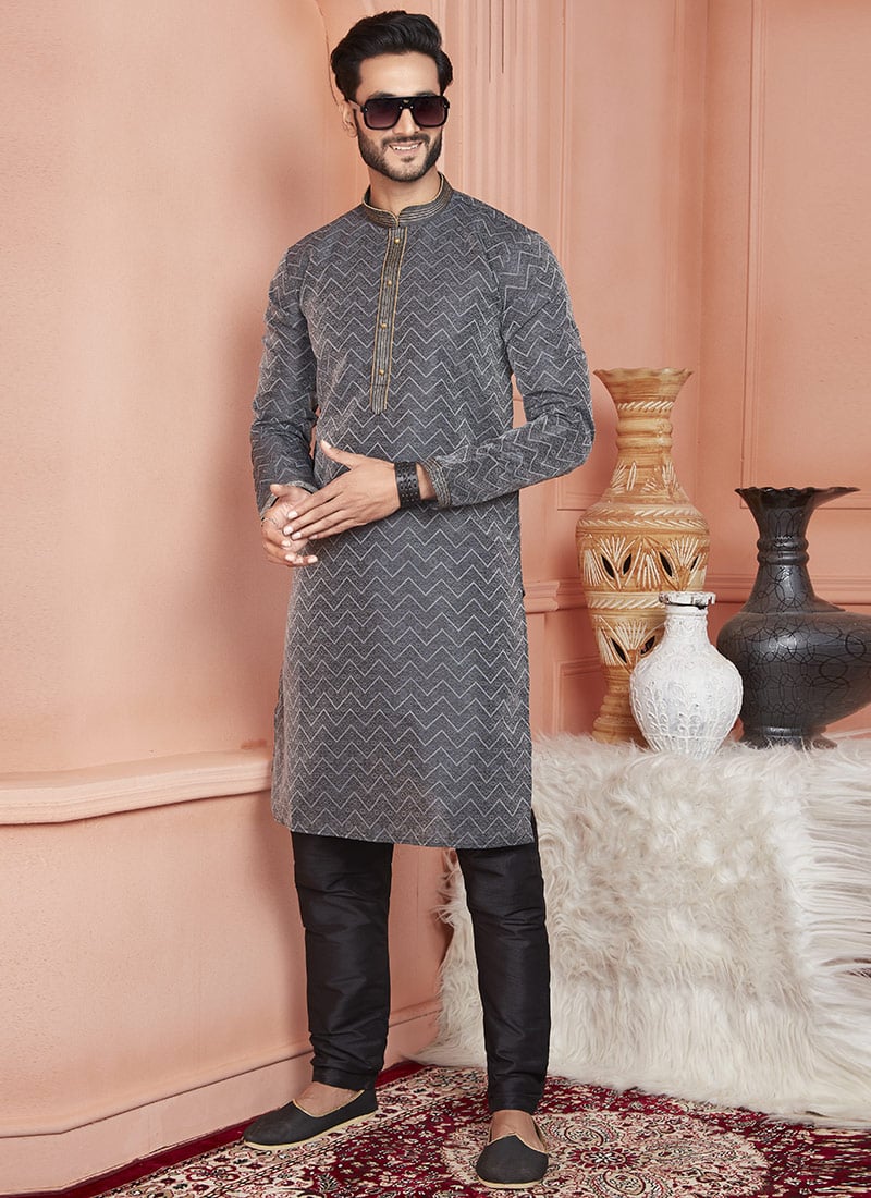Black Jacquard Banarasi Silk Zari Work Kurta Pyjama For Men Festive Wear