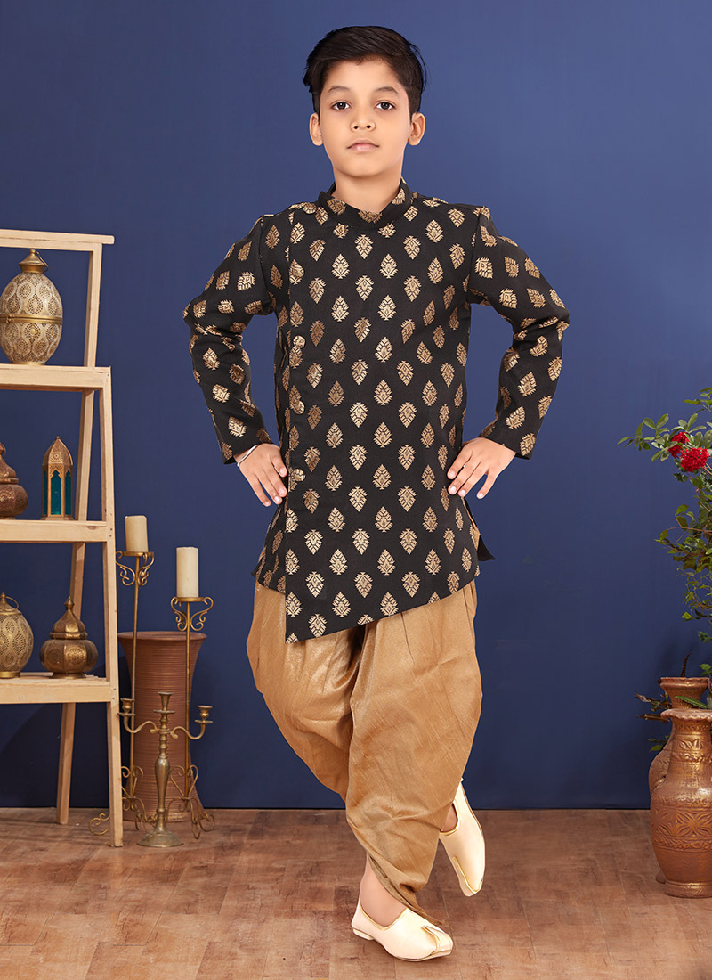 Black Jacquard Silk Boys Indowestern Sherwani