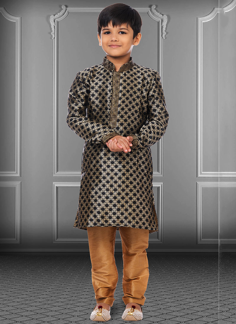 Black Jacquard Silk Boys Kurta Pyjama  Party Wear