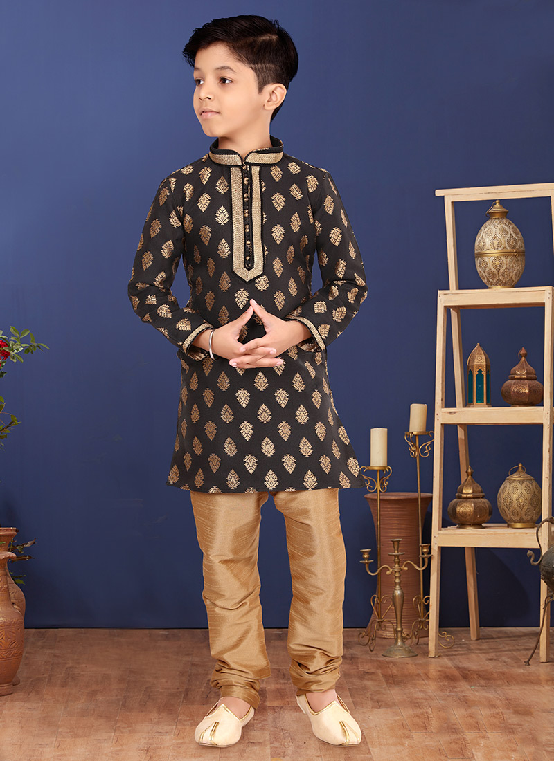 Black Jacquard Silk Boys Kurta Pyjama 
