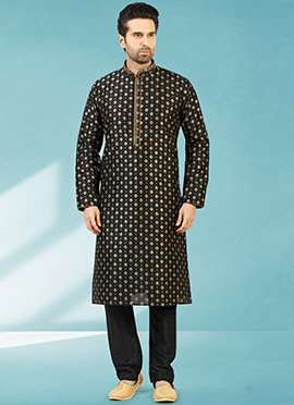Black Jacquard Silk Brocade Kurta Pyjama