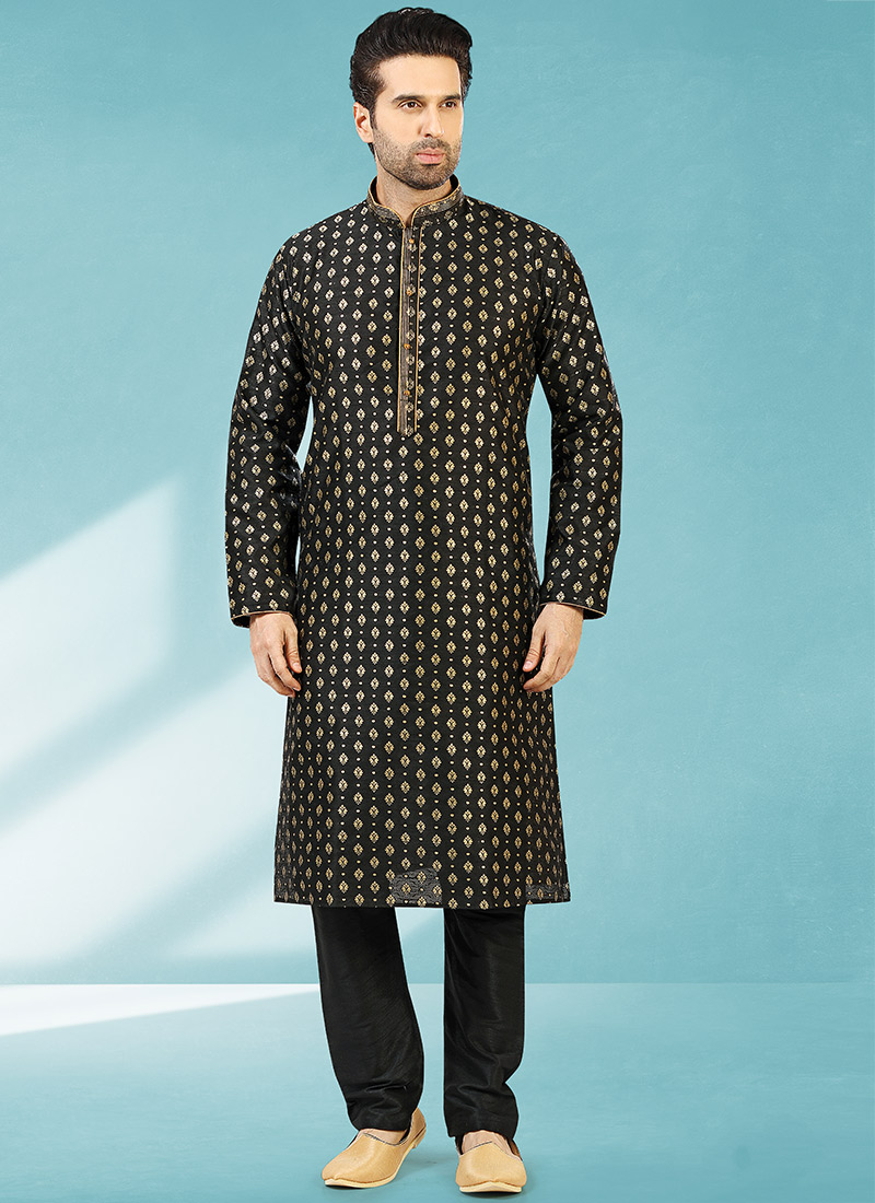 Black Jacquard Silk Brocade Kurta Pyjama Party Wear
