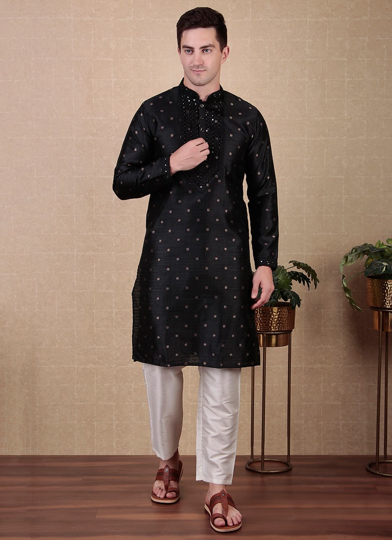 Black Jacquard Silk Embroidered Kurta Pyjama Festive Wear