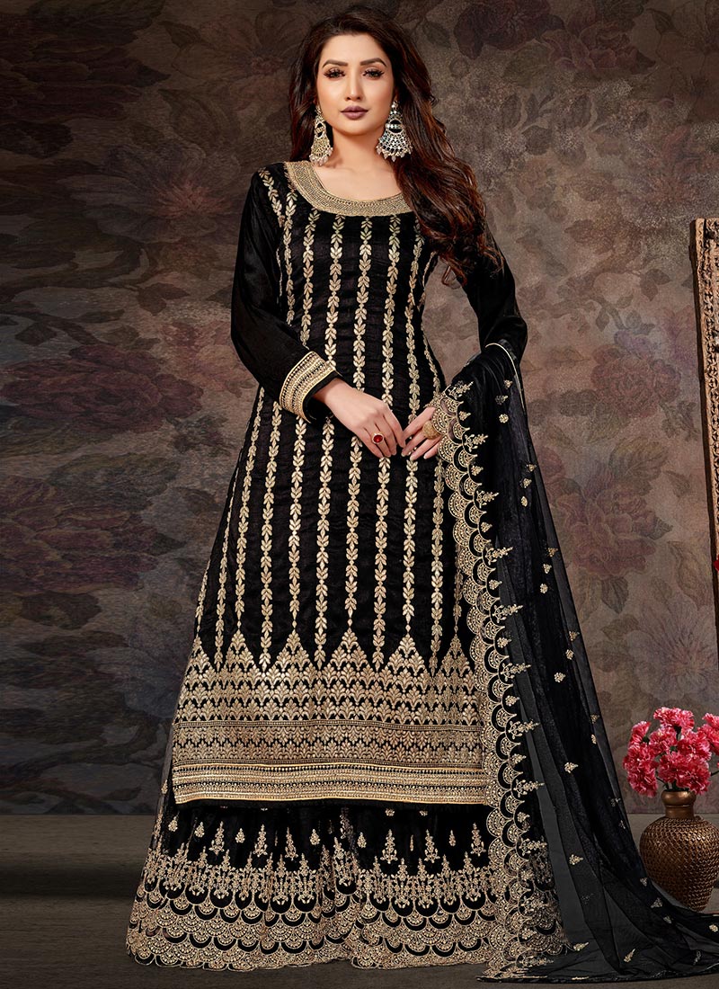 Buy Black Jacquard Silk Embroidered Palazzo Suit Festive Wear