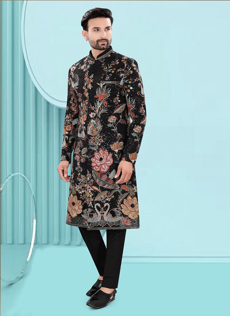 Black Jacquard Silk Embroidered Sequins Indowestern Sherwani Wedding Wear