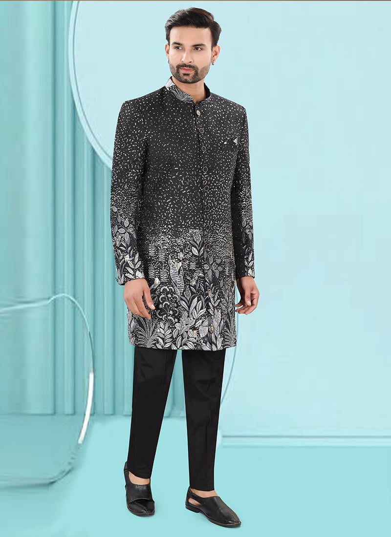 Black Jacquard Silk Embroidered Sequins Indowestern Sherwani Wedding Wear