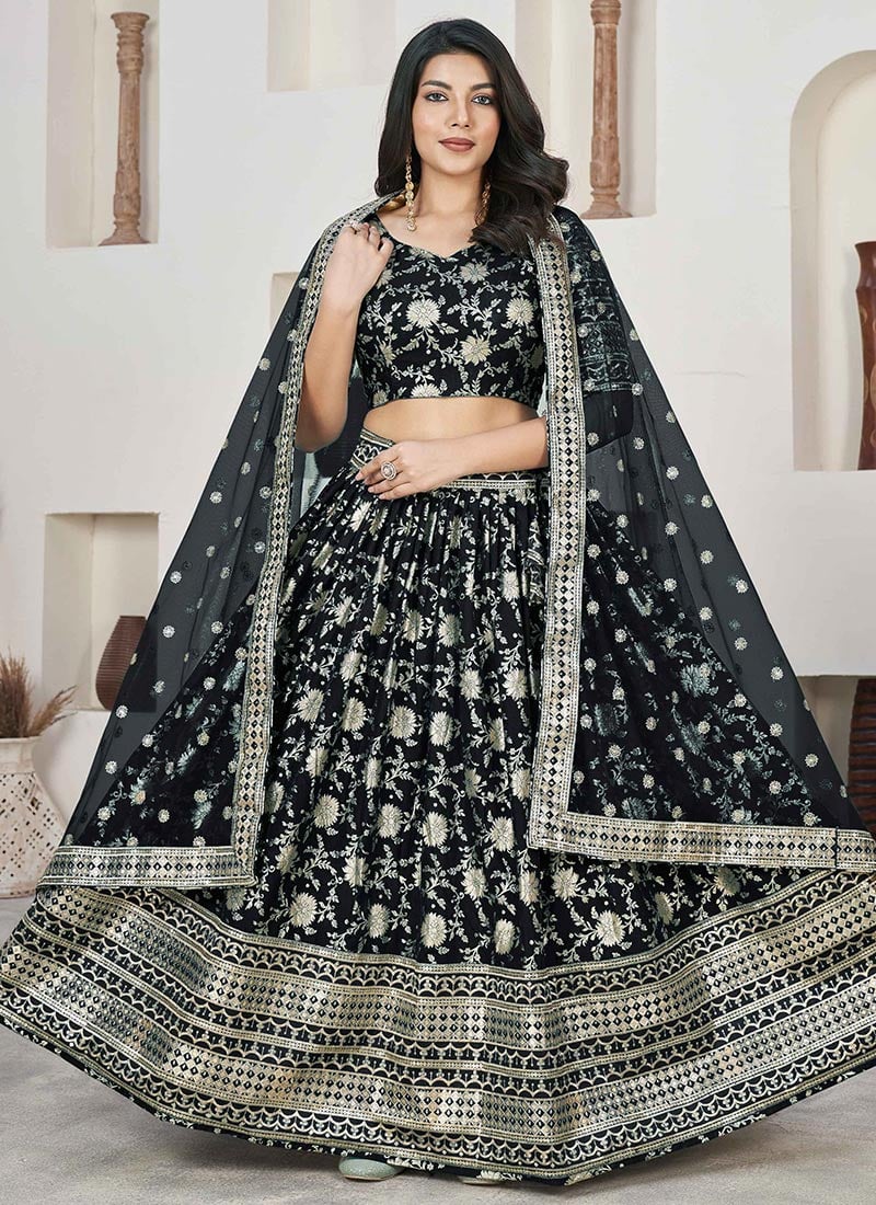 Black Jacquard Silk Embroidered Umbrella Lehenga Party Wear