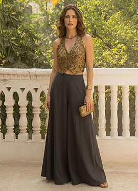 Black Jacquard Silk Halter Neck Indo Western Palazzo Set