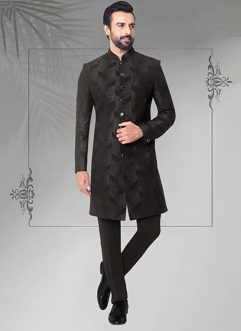 Black Jacquard Silk Indowestern Sherwani Wedding Wear