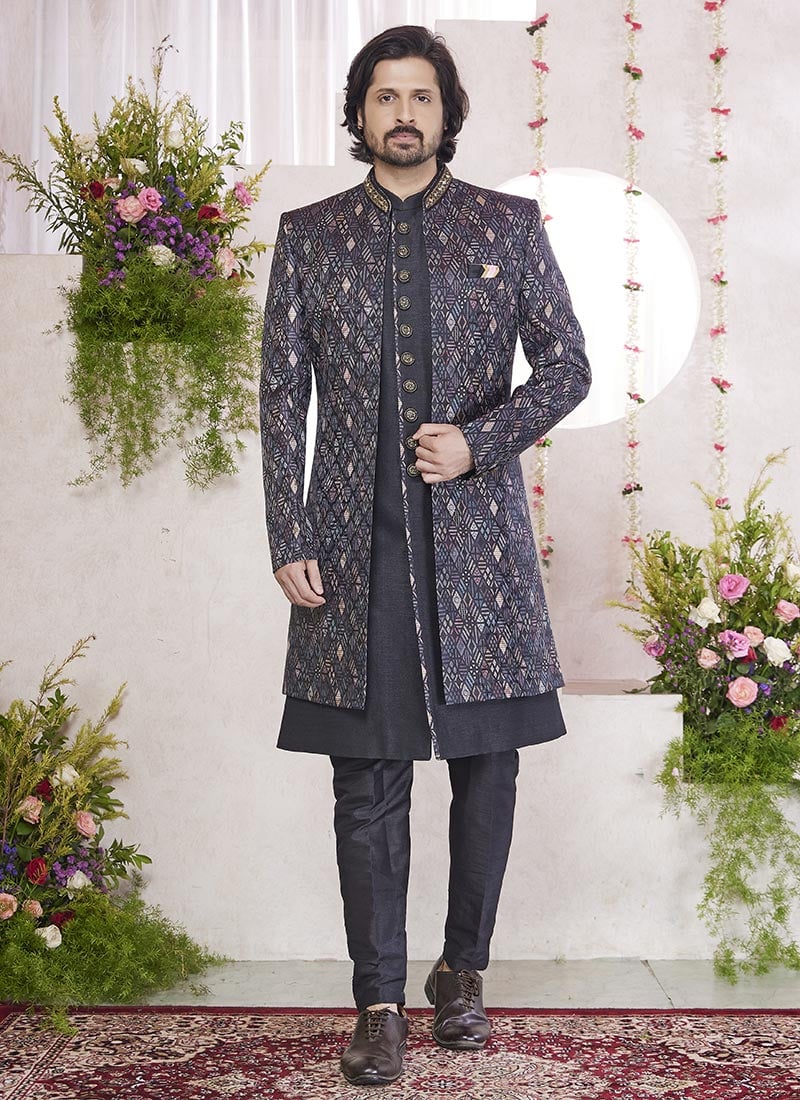 Black Jacquard Silk Indowestern Sherwani Wedding Wear