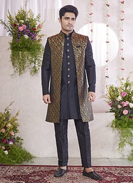 Black Jacquard Silk Indowestern Sherwani