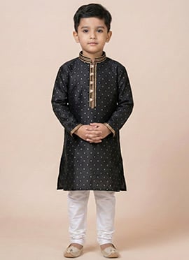 Black Jacquard Silk Kids Boys Kurta Pyjama