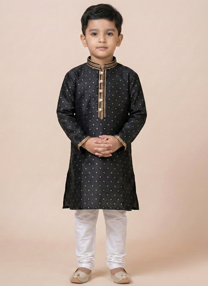 Black Jacquard Silk Kids Boys Kurta Pyjama  Festive Wear