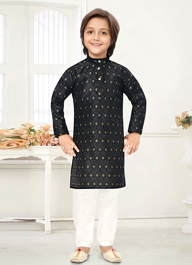 Black Jacquard Silk Kids Kurta Pyjama Set With Rich Woven Texture Festive Wear