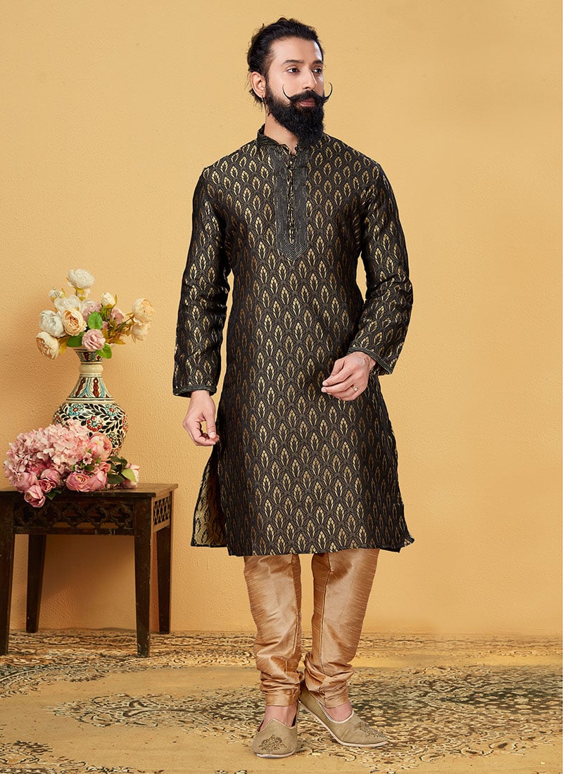 Black Jacquard Silk Kurta Pyjama