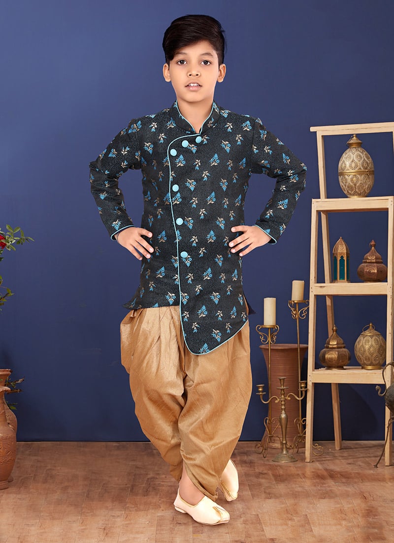 Black Jacquard Silk Printed Boys Indowestern Sherwani