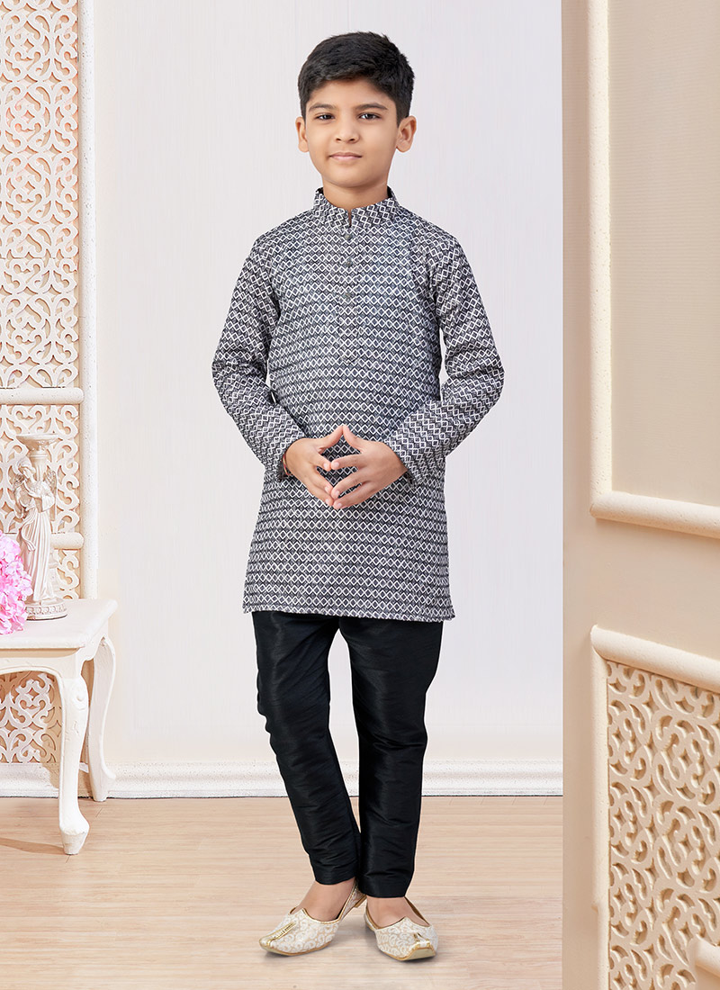 Black Jacquard Silk Printed With Zari Work Boys Kurta Pyjama Festive Wear