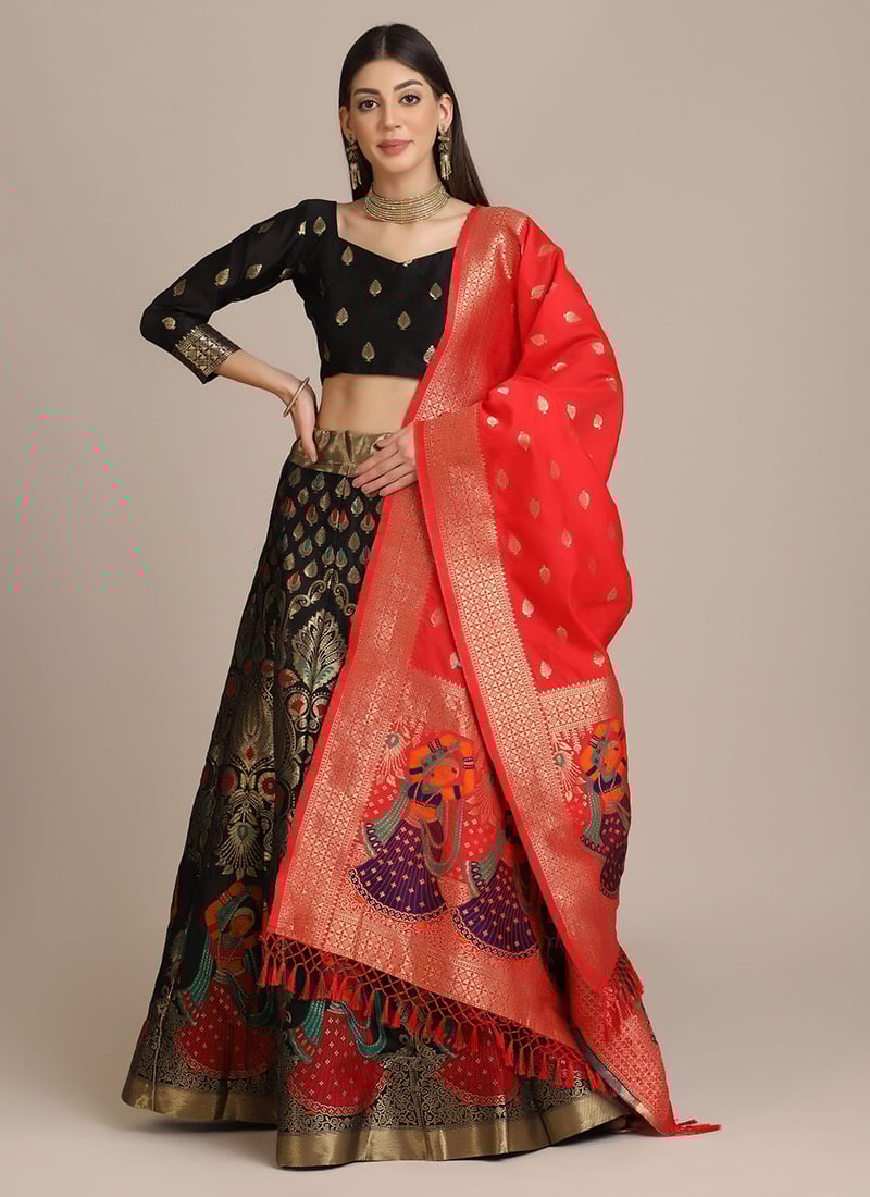 Black Jacquard Silk Woven Umbrella Lehenga Festive Wear