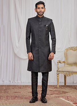 Black Jacquard Silk Zari Indowestern Sherwani Wedding Wear
