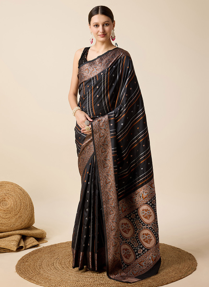 Black Jacquard Silk Zari Saree Festive Wear