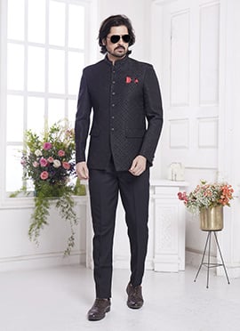 Black Jacquard Silk Zari Thread Jodhpuri Blazers