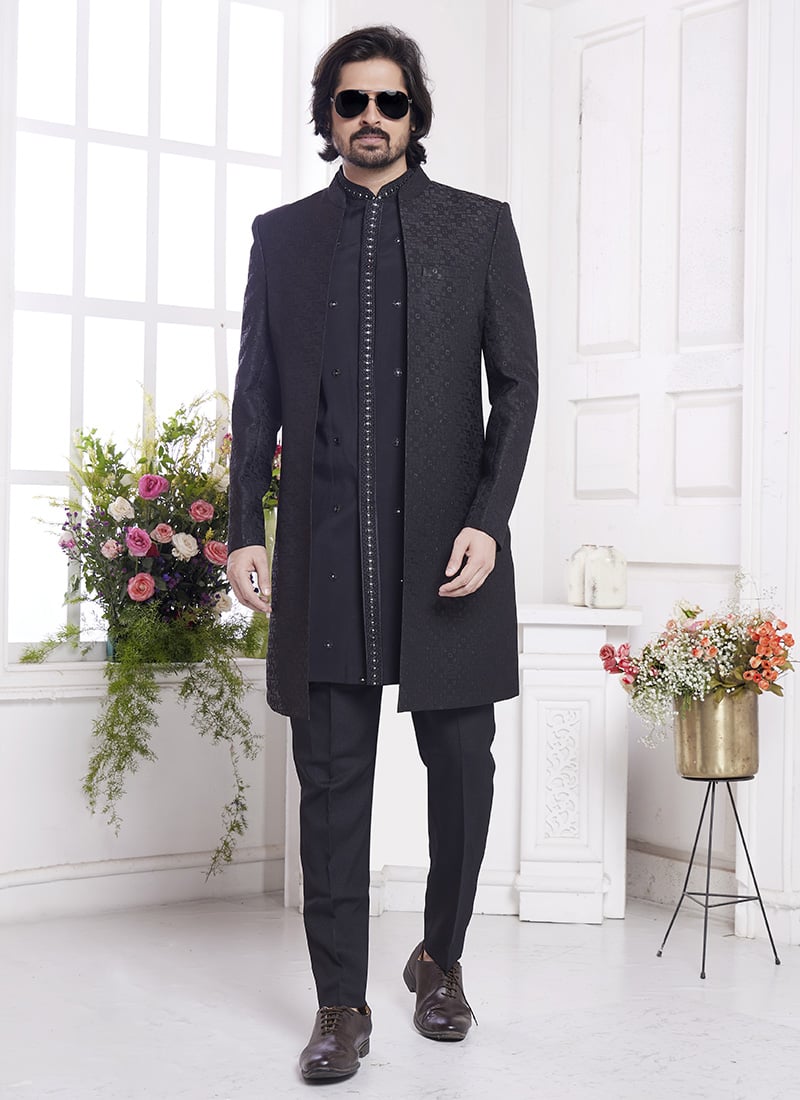 Black Jacquard Silk Zari Work Indowestern Sherwani
