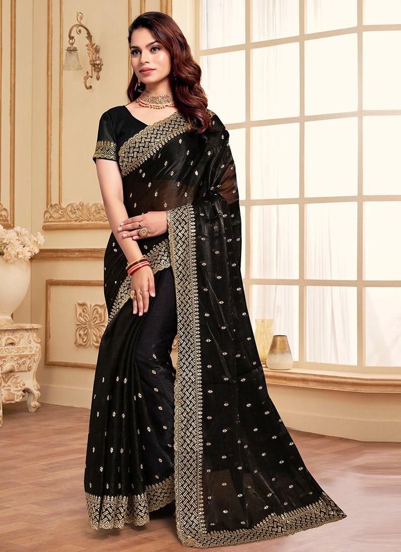Black Organza Zari Embroidered Sequins Saree Festive Wear-SASNF7821