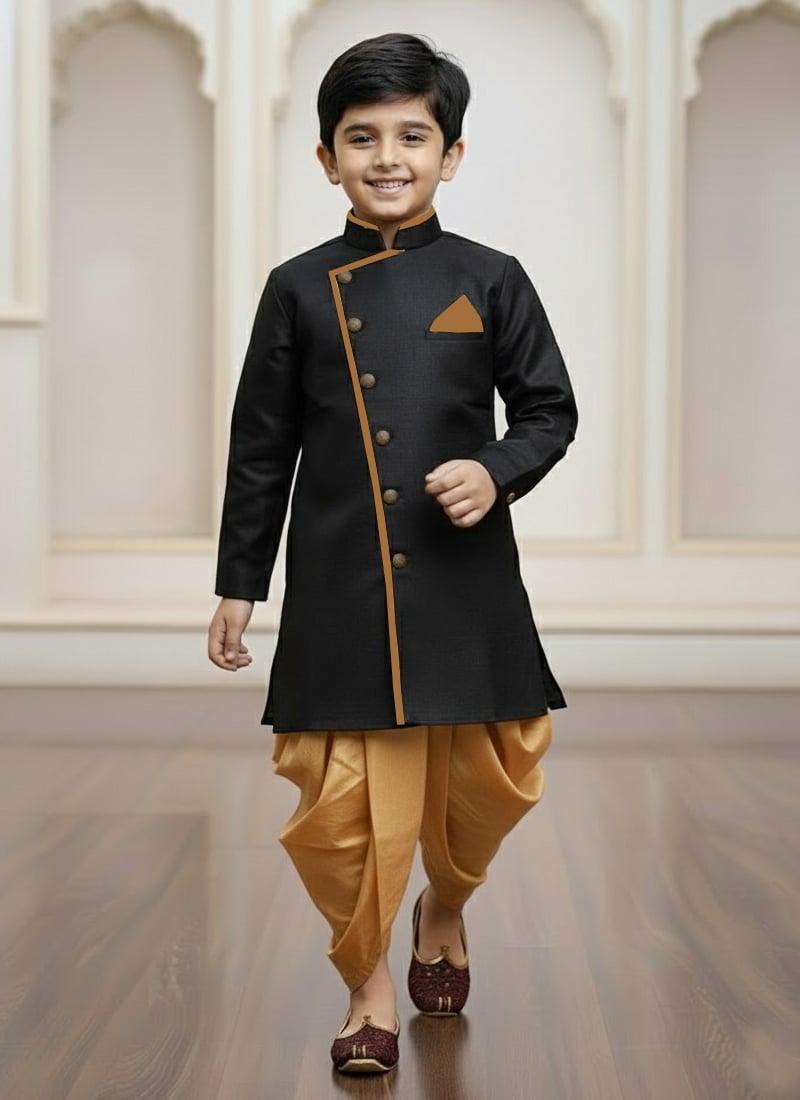 Black Jute Silk Indowestern Sherwani Kids Boys