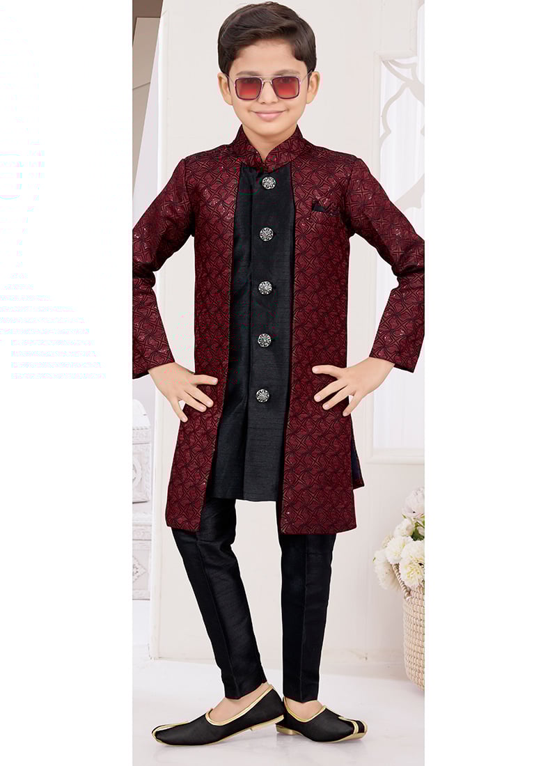 Black Kasak Zari Jacquard Banarasi Silk Sequins Kids Boys Indowestern Sherwani Wedding Wear