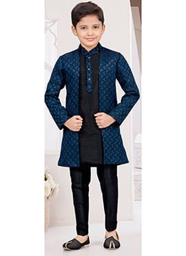 Black Kasak Zari Jacquard Banarasi Silk Sequins Kids Boys Indowestern Sherwani