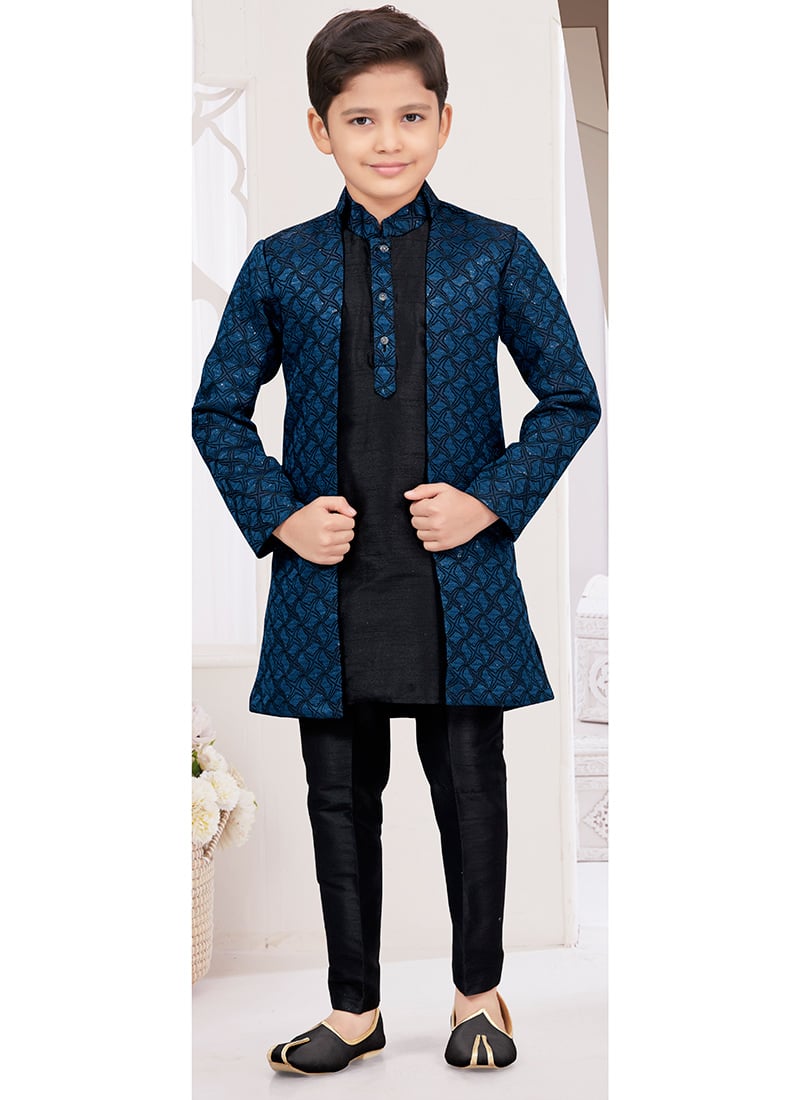 Black Kasak Zari Jacquard Banarasi Silk Sequins Kids Boys Indowestern Sherwani Wedding Wear