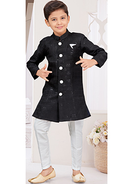 Black Kasak Zari Jacquard Sequins Kids Boys Indowestern Sherwani