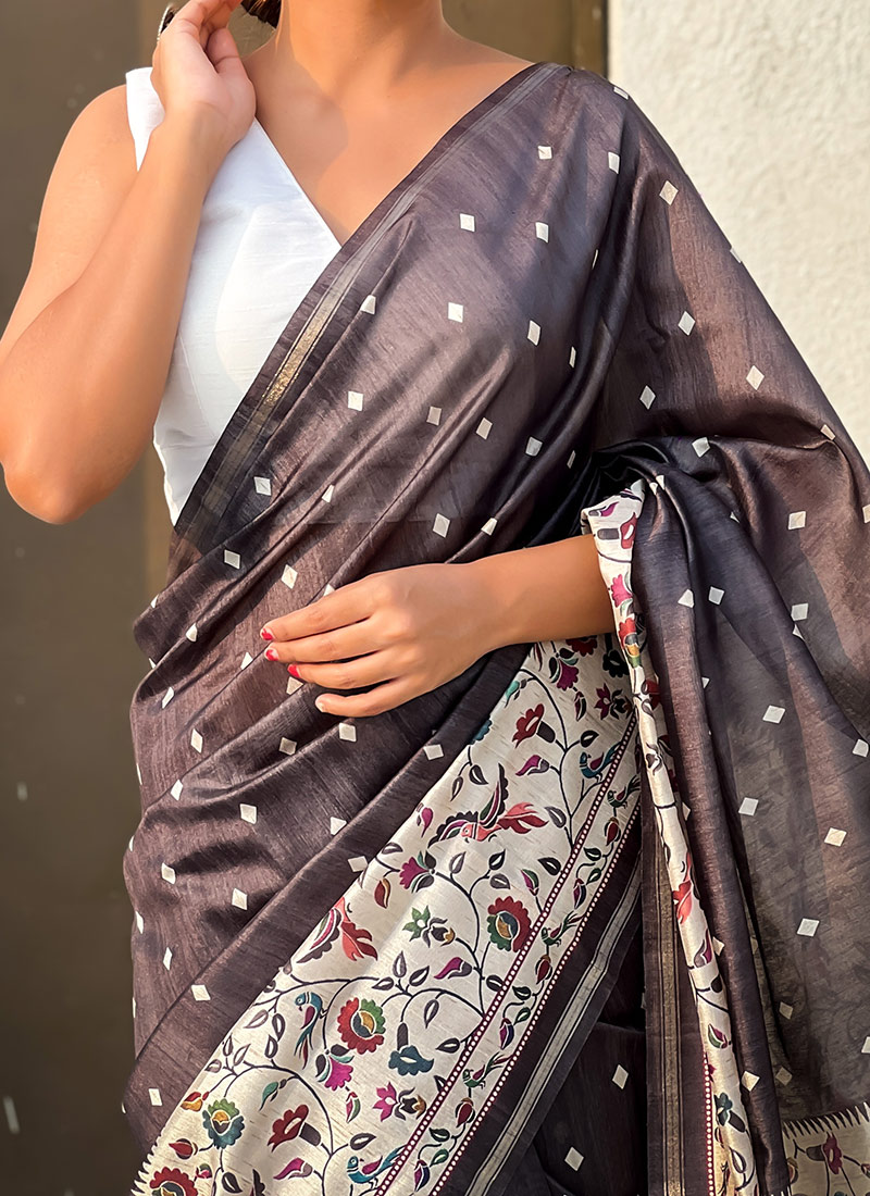 Ink Black Maheshwari Kalamkari Print Soft Silk Saree GKM05