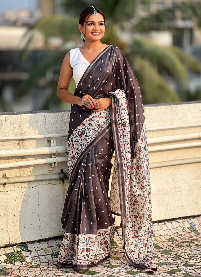 Black Katki Silk Kalamkari Floral Print Saree