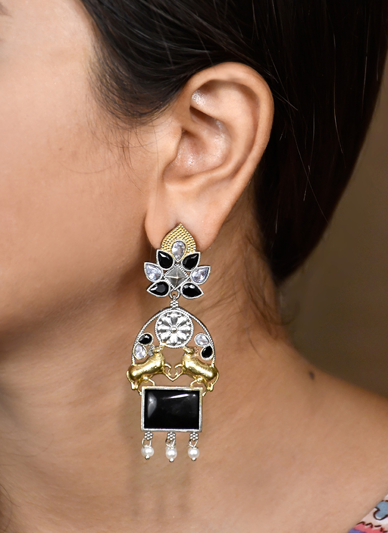 Black Kundan Beaded Motif Dangler Earrings Festive Wear