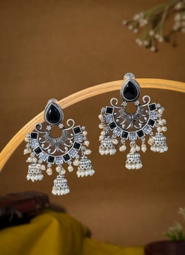 Black Kundan Beads Chaand Bali Jhumka Earrings For Women