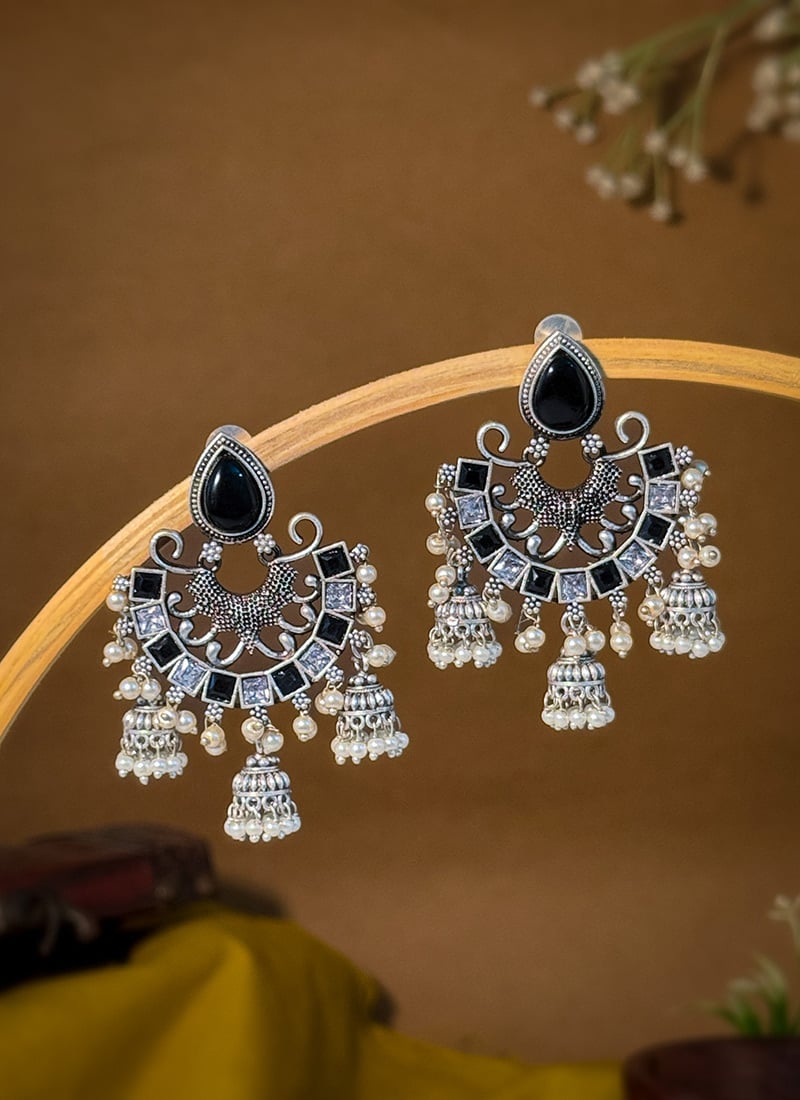 Black Kundan Beads Chaand Bali Jhumka Earrings For Women Festive Wear