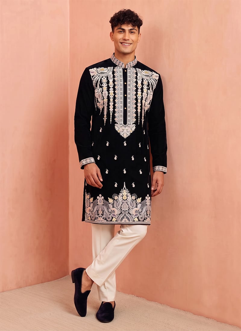 Black Lachka Embroidered Kurta Pyjama Wedding Wear