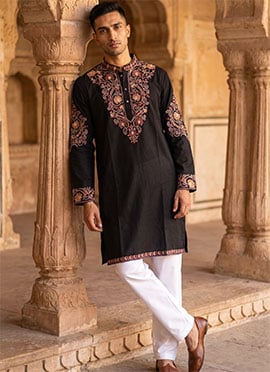 Black Lachka Embroidered Kurta Pyjama For Men