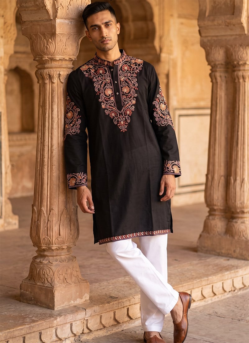 Black Lachka Embroidered Kurta Pyjama For Men Festive Wear