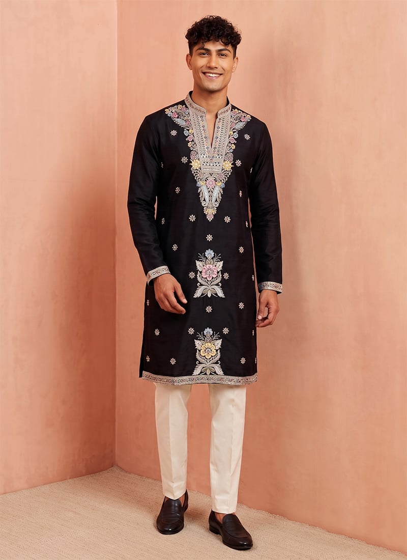 Black Lachka Embroidered Kurta Pyjama Wedding Wear