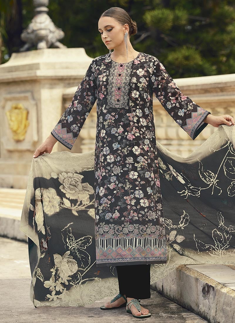 Black Lawn Cotton Digital Print Embroidered Thread Straight Pant Suit After Six Wear