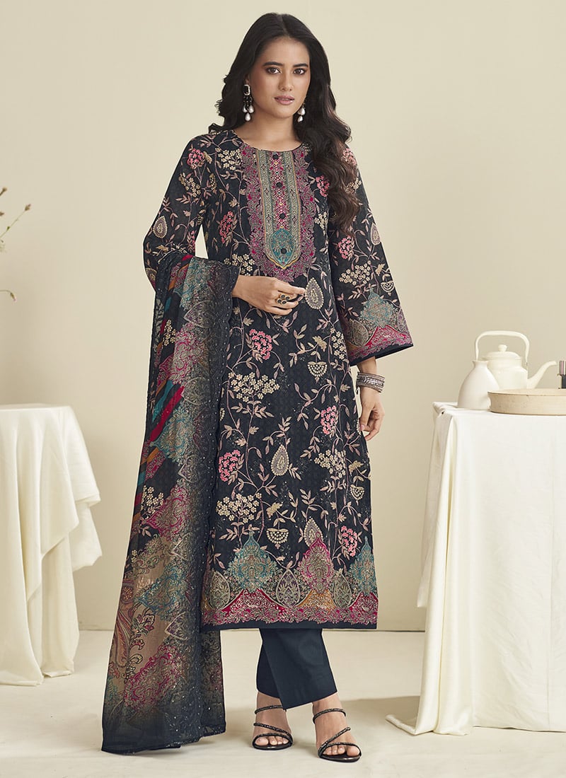 Black Lawn Cotton Digital Print Thread Straight Pant Suit After Six Wear