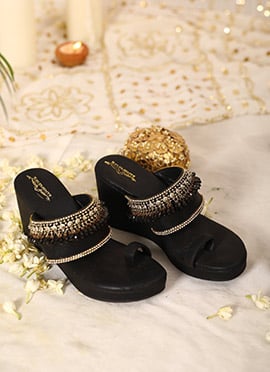 Black Leather Moti And Stone Wedges