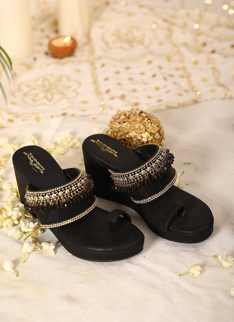 Black Leather Moti And Stone Wedges