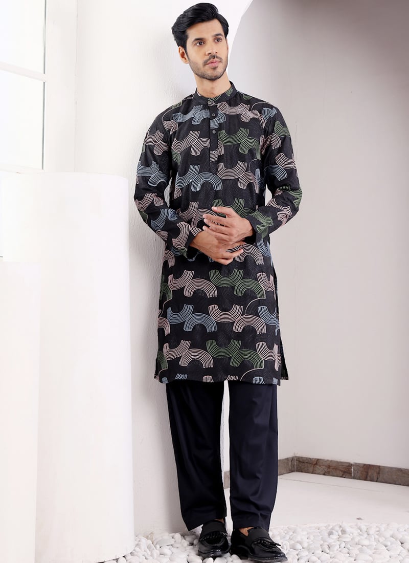 Black Linen Embroidered Kurta Pyjama