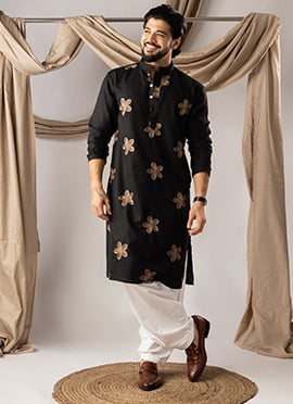 Black Linen Embroidered Men Kurta Pyjama