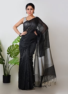 Black Linen Zari Striped Saree