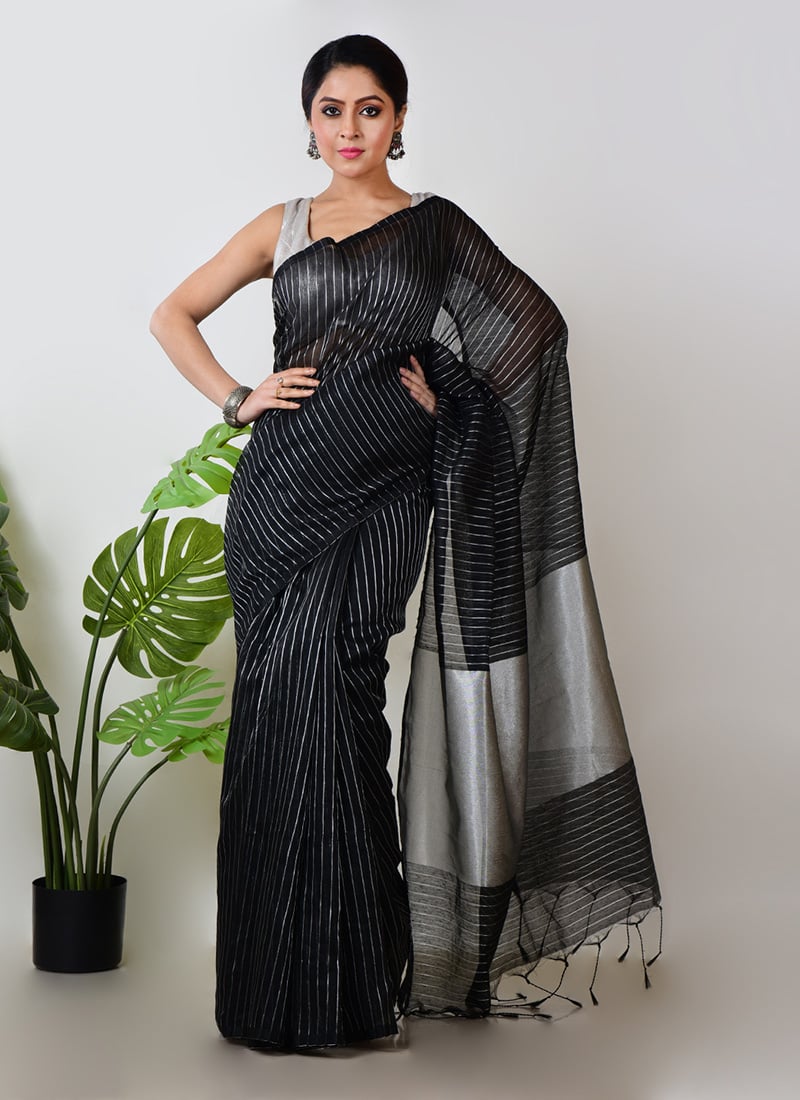 Black Linen Zari Striped Saree